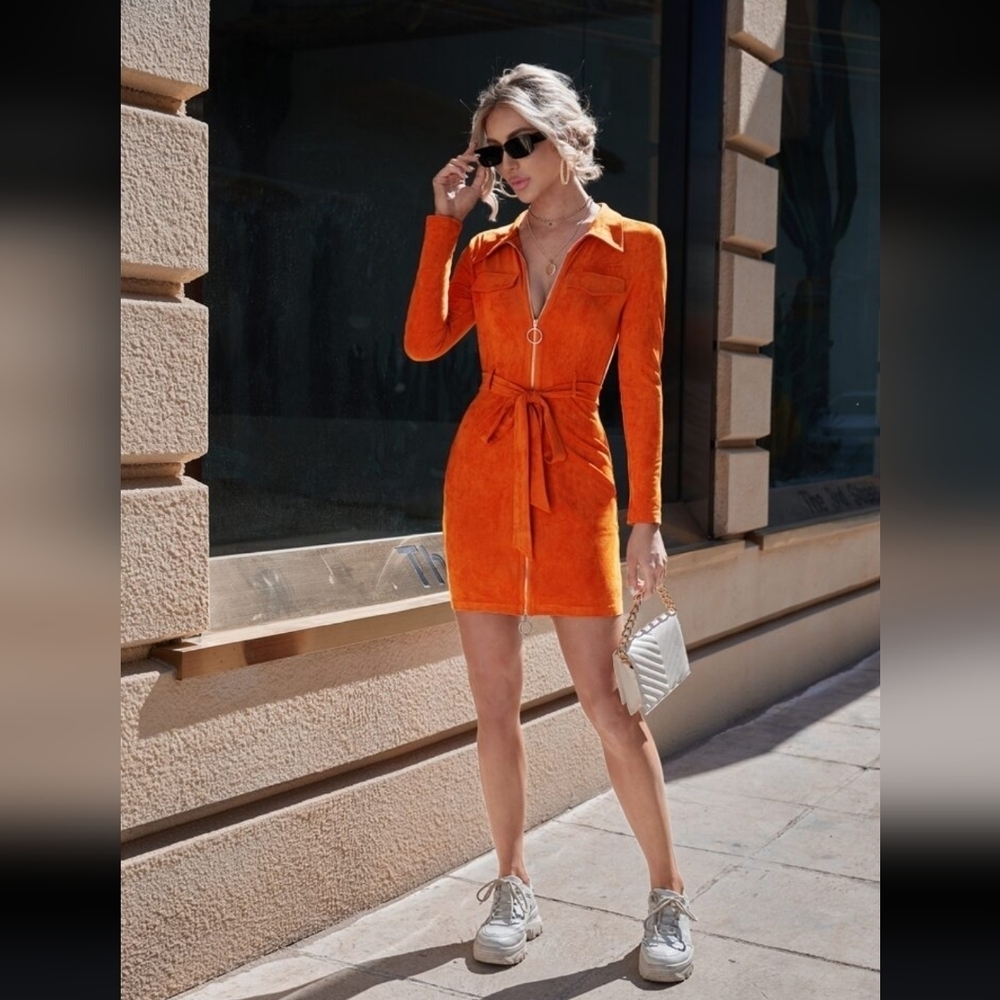 Shein Sxy Belted Zip-Up Dress Flap Detail Orange Size 2X - Picture 6 of 12